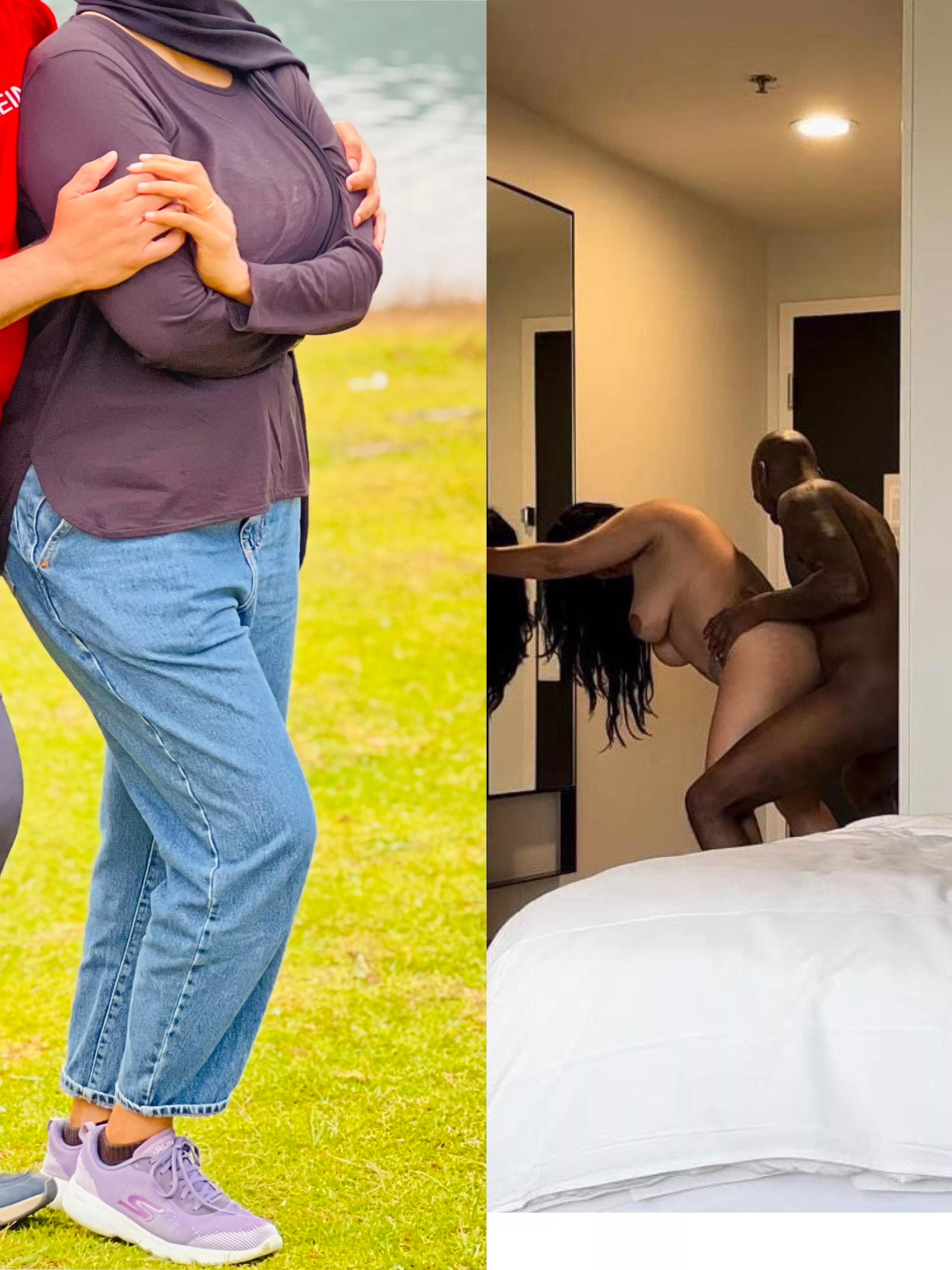 How is the contrast between my wife normal dressing in front of public(Left Side), And our recent hotwife session (Right Side) posted by Electrical_World830