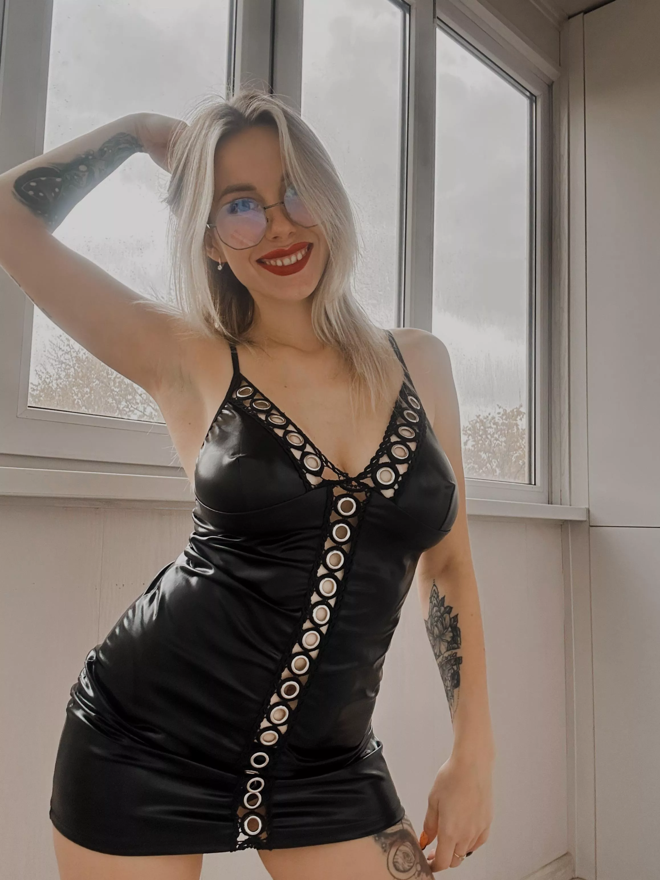 A leather outfit and red lipstick look perfect together posted by Casuallyquote