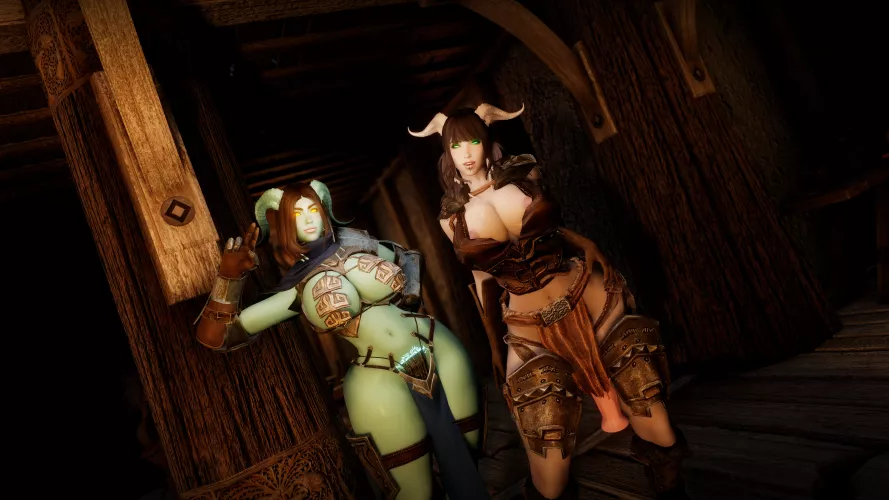 Elra meets a well endowed friend at the Bannered Mare. (Lack of posts due to me having some issues with mods hopefully I'll have it up and running soon, so in the meantime here is the last photo I took before Skyrim decided to eat itself) by ThatLewdBread