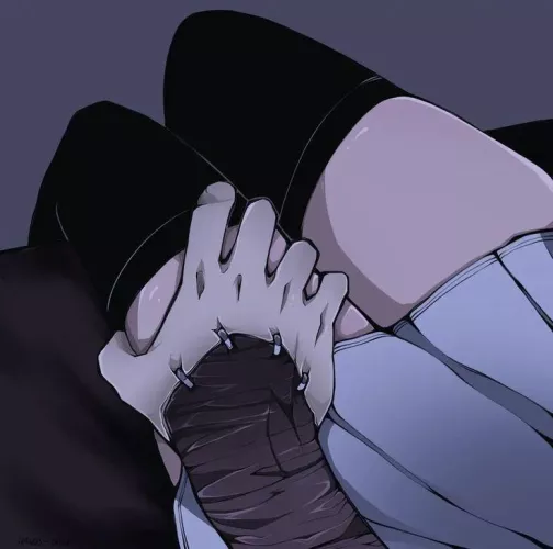 LF Color Source: 1girl, sitting, thighs, closed up, thigh high socks, pleated skirt, thigh groping by Derakart