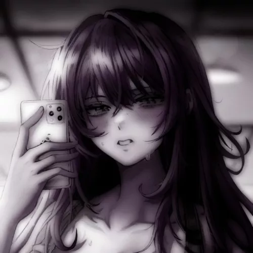 LF Color Source: 1girl, looking at viewer, holding phone, long hair, blush, sweat, bangs, eyes visible through hair, teeth, neck, collarbone by Derakart