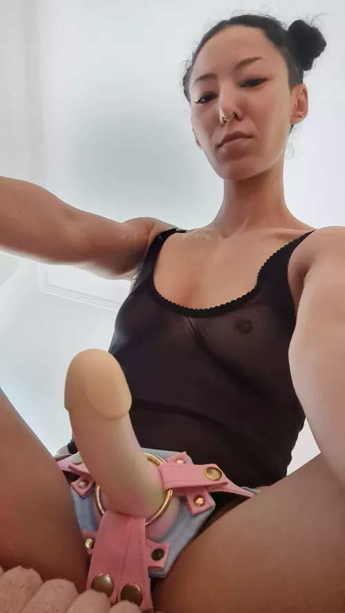 On your knees, tongue out, lick the tip, turn around, face on the floor and spread your cheeks by kirapynk