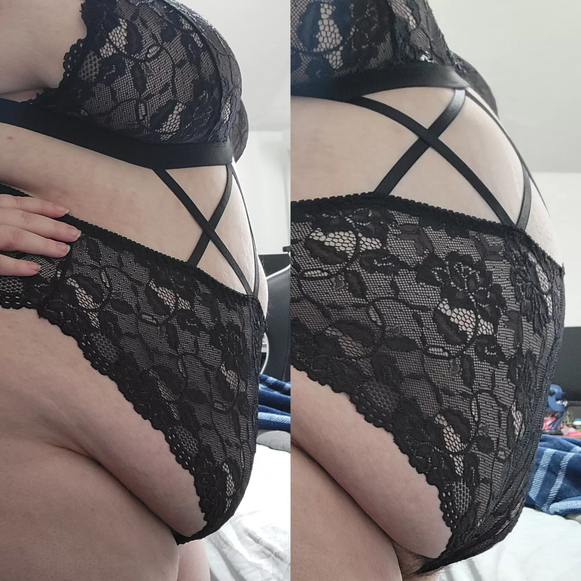 i love stretching out my lingerie 🖤 posted by bottombisexual