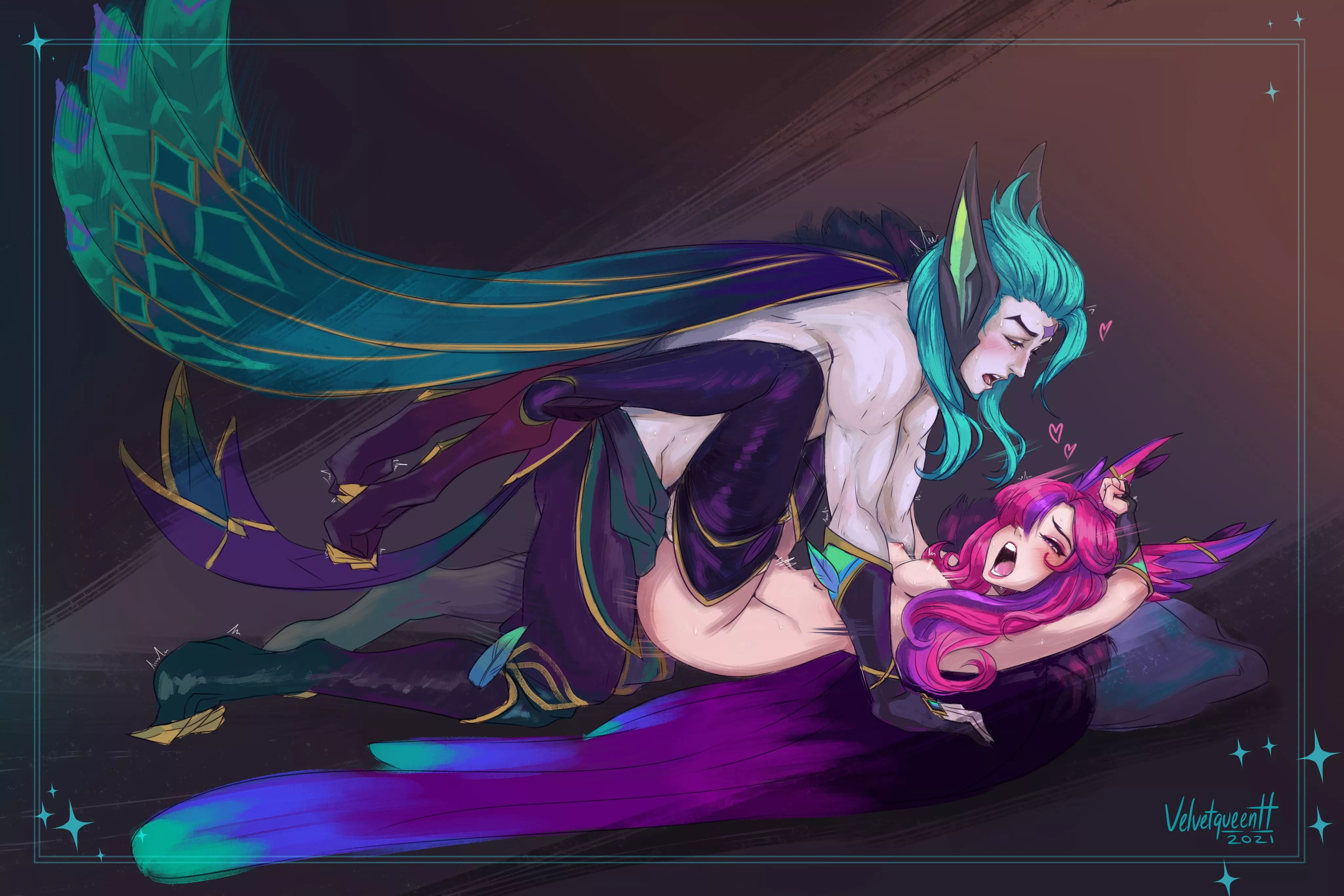 Xayah and Rakan. (VelvetqueenhART) posted by Short-Ad224