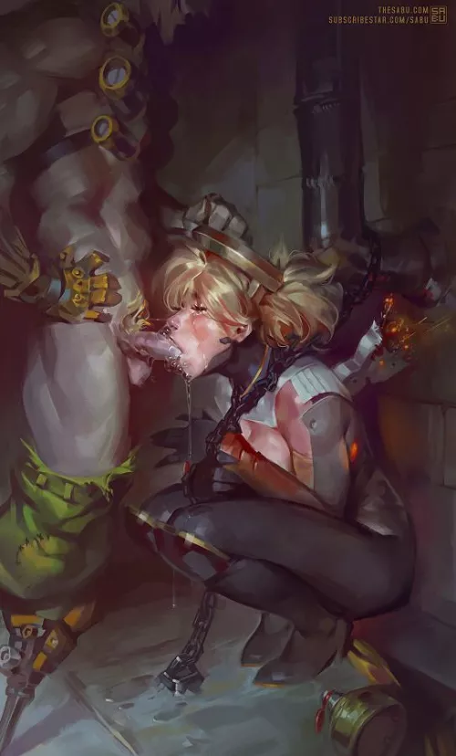 Junkrat lets Mercy know what he thinks about her rezzing a million times in the last fight (Sabudanego) by myfriendscantknow