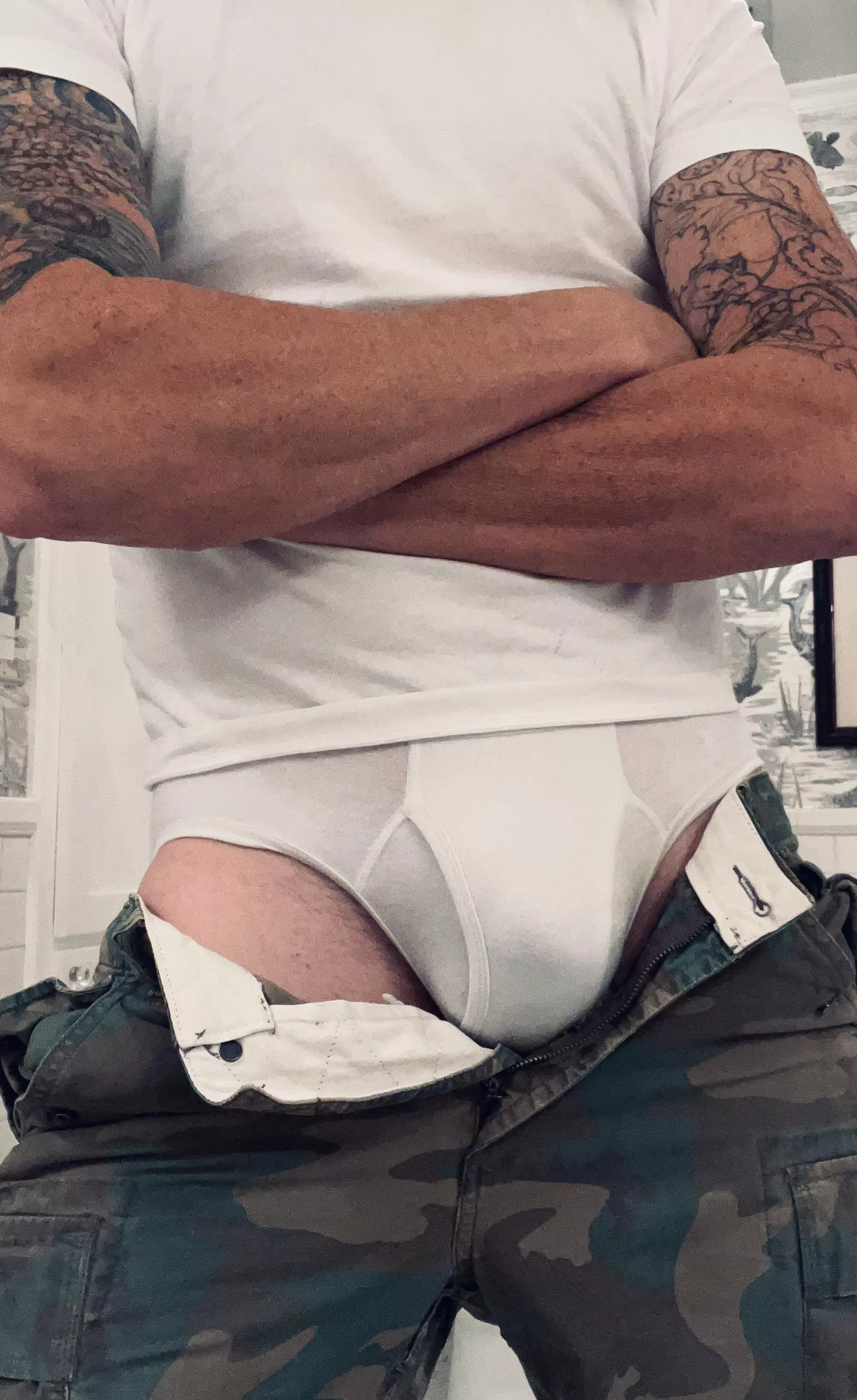White briefs and cammo for Tuesday. posted by WhiteBriefsShowoff