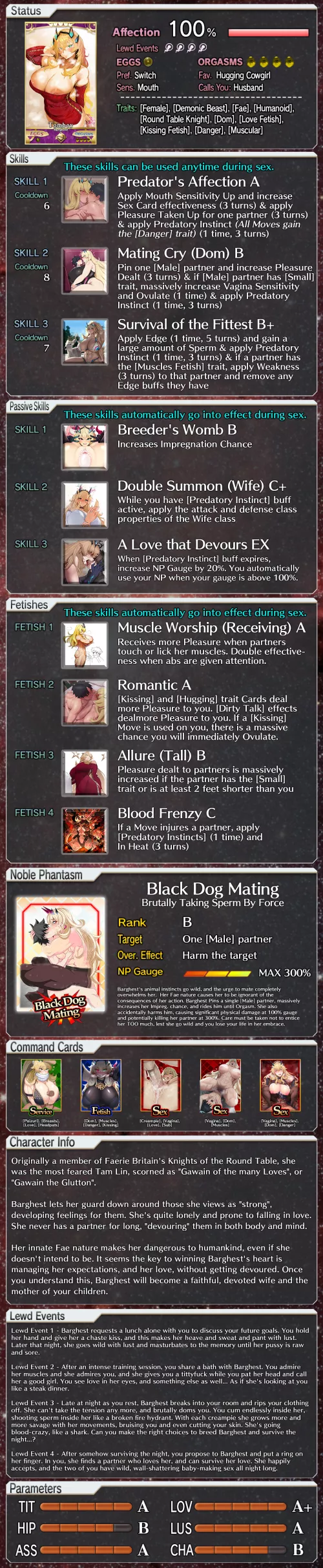 A lewd gameplay profile for Barghest from FGO! [Male Viewer] [Hetero] [Big Breasts] [FGO] [Muscle Worship] [Romance] [Lovey-dovey] [Danger] [Potential for harm] [Impregnation] by swirlin2048