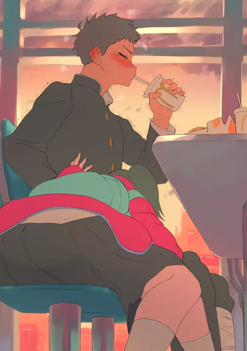 Getting those fries that fell on his lap. by xSaviour_N