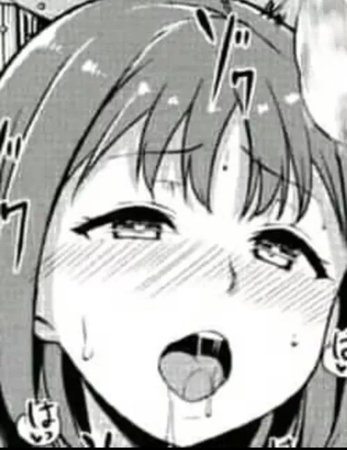 LF mono source: 1girl, foreign sfx, foreign text, sweat, blush, open mouth, drooling, upper teeth only, short hair, hair between eyes, heart shaped pupils by saheel007