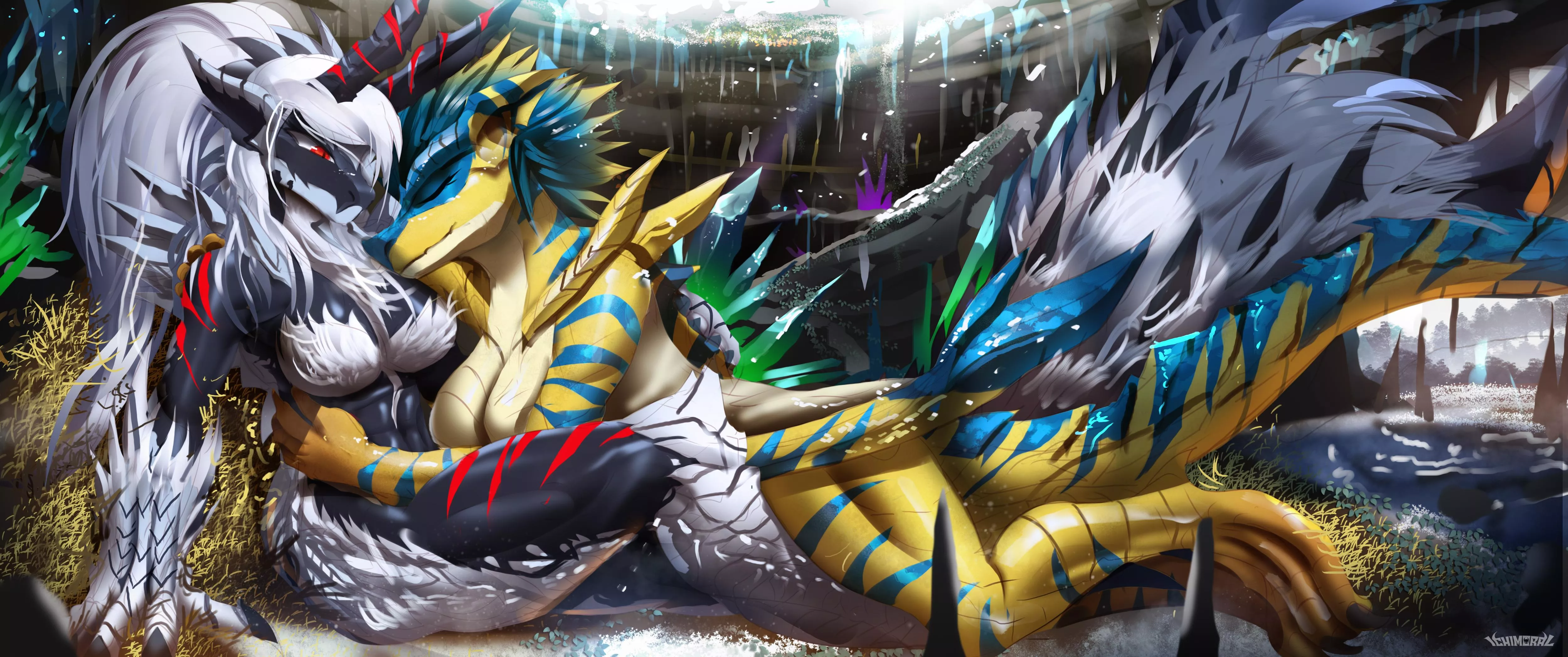 A follower wanted me to design a human female hybrid version of Zinogre and Tigrex cuddling from winter cx (Art by me @ichimoral ) posted by Aggretsuki