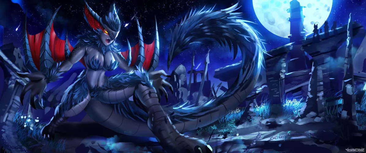 A follower wanted me to design a human female hybrid version of Nargacuga cx (Art by me @ichimoral ) by Aggretsuki