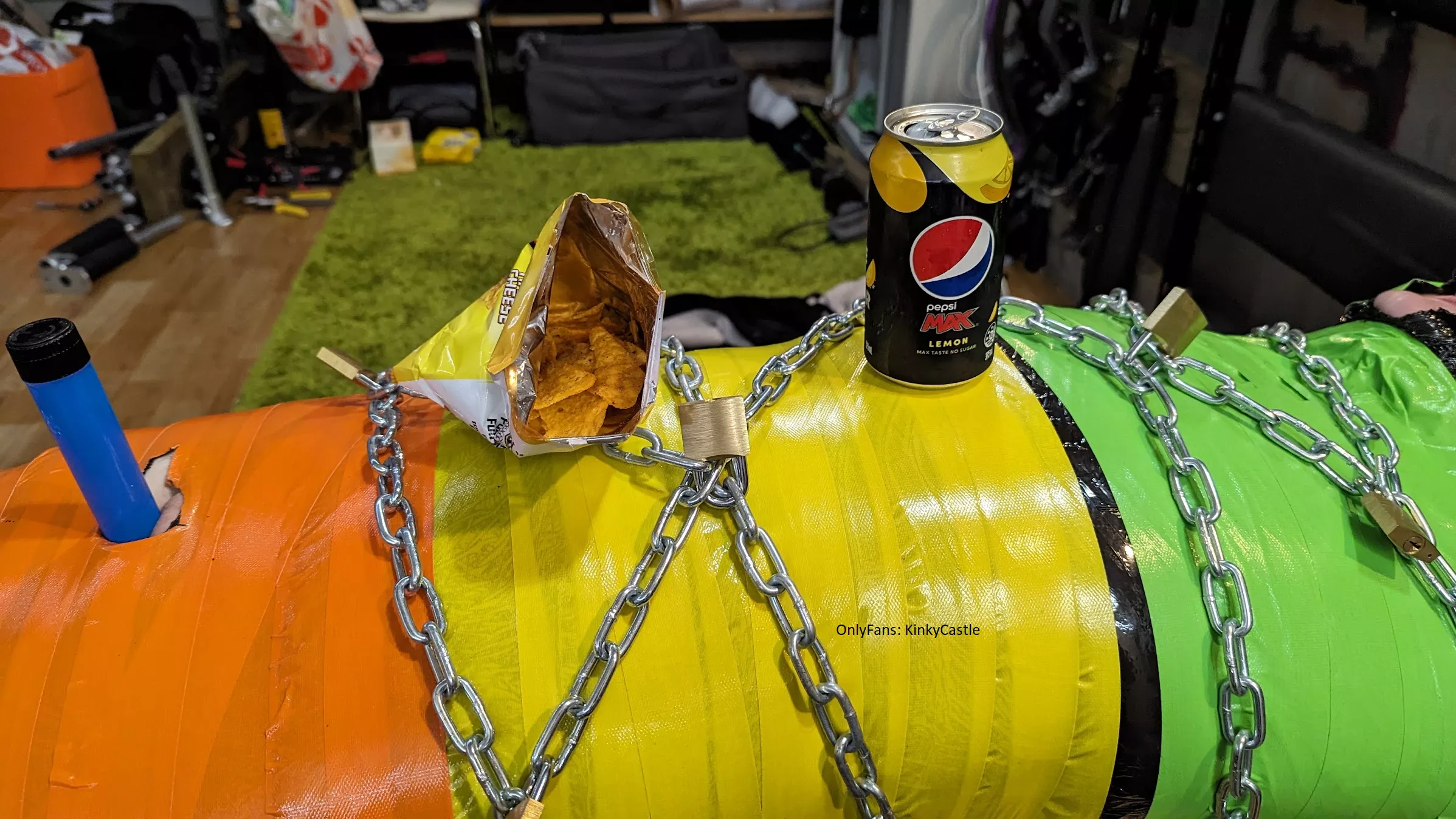 Having a snack on a padlocked, chained, taped, wrapped, vibed, and hooded table. posted by Ash_577474