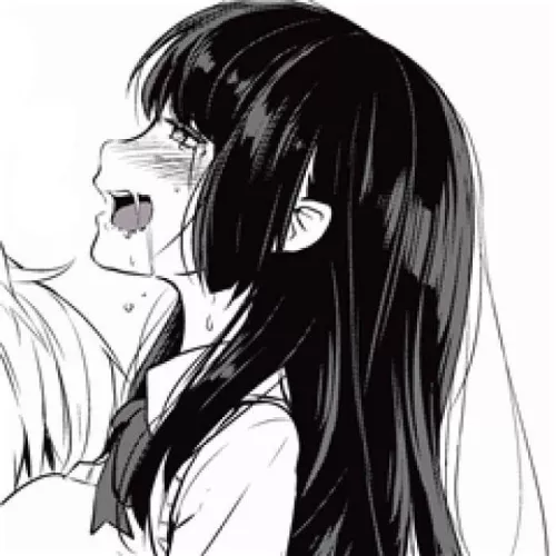 LF Mono Source: 1girl, ahegao, closed up, black hair, long hair, hime cut, flat bangs, side locks, blush, necktie, school uniform, tears, open mouth, drool, boob sucking by Derakart