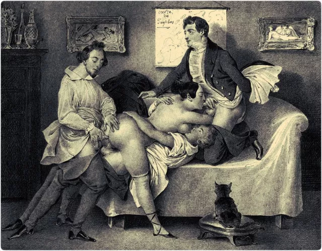 Sir, A communique from my friend 'Gussy' Herbert, presently embracing the cultural delights of Paris. He is saving money by sharing his Dollymop with two other clients. Gussy (reclining) appears most overwhelmed by the experience. by Sir_Lord_B