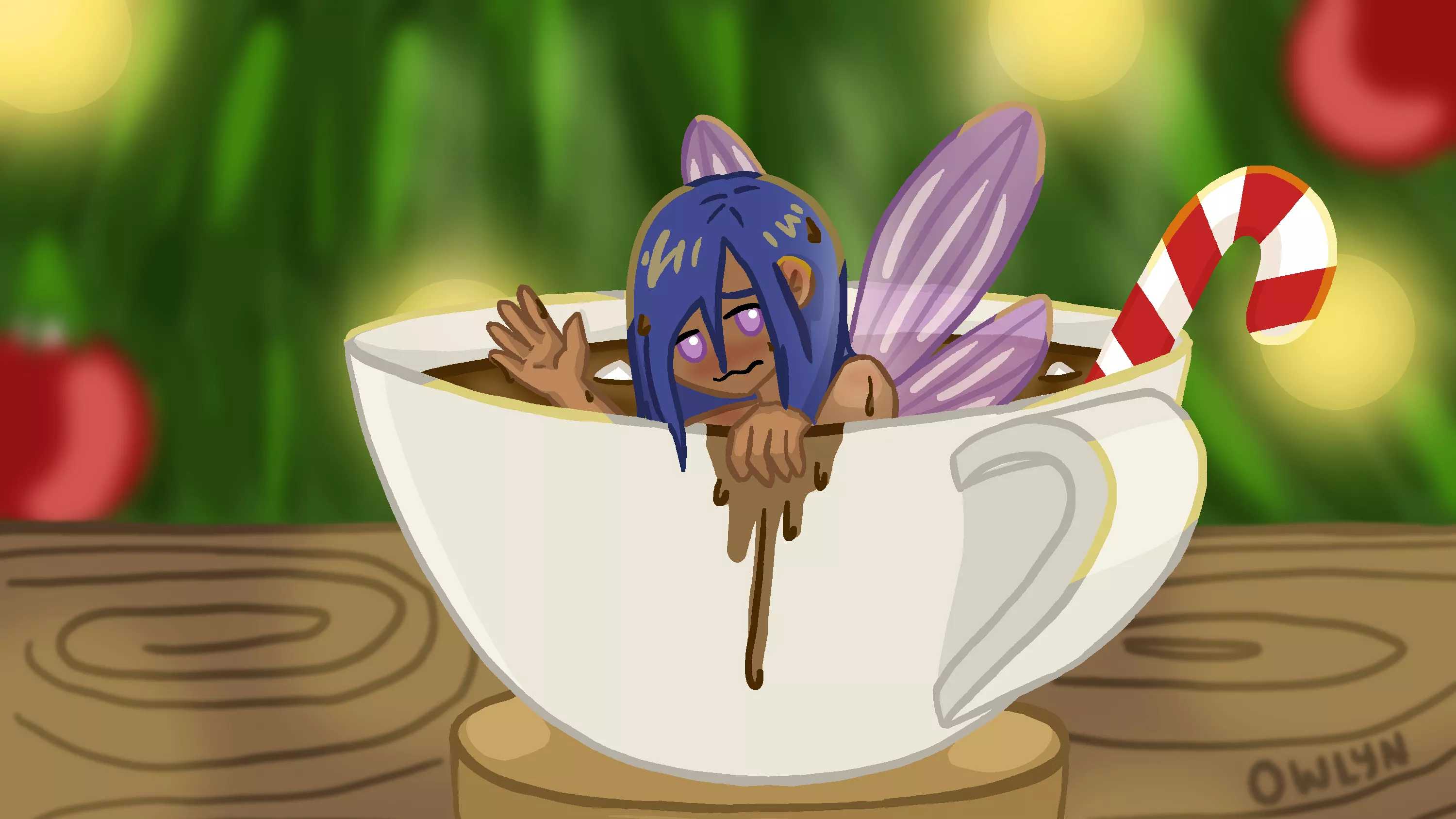 [Fairy] She accidentally crashed into your hot chocolate, but don't worry, it wasn't hot enough to burn her! Unfortunately the Christmas tree lights are a bit disorienting when she's in flight. posted by 0wlyn