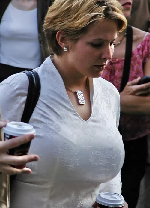 Busty Blond with Big Tits in a tight Satin Top by johnny1993c