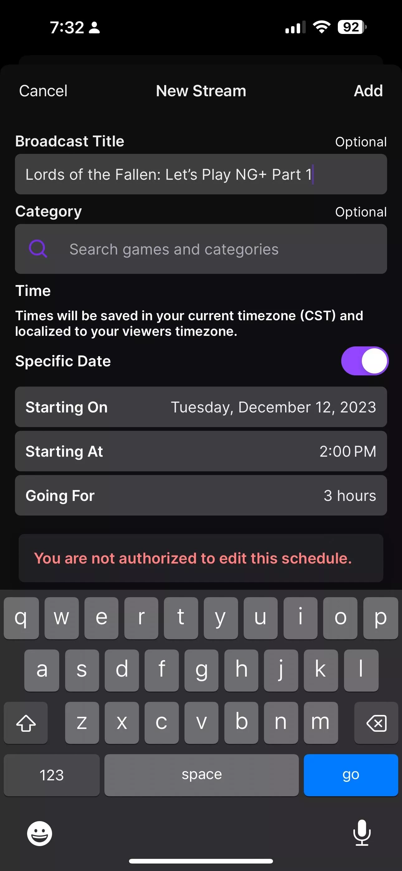 Why can’t I add a schedule? posted by DanceChacDance