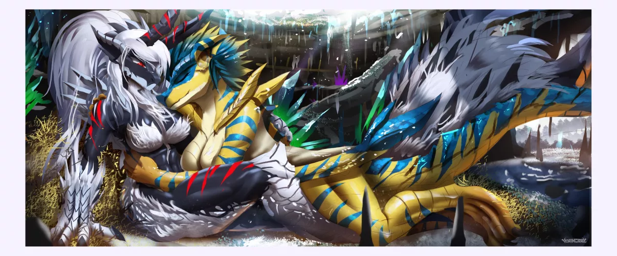 A follower wanted me to design a human female hybrid version of Zinogre and Tigrex cuddling from winter cx (Art by me @ichimoral ) by Ashamed-Diver4266