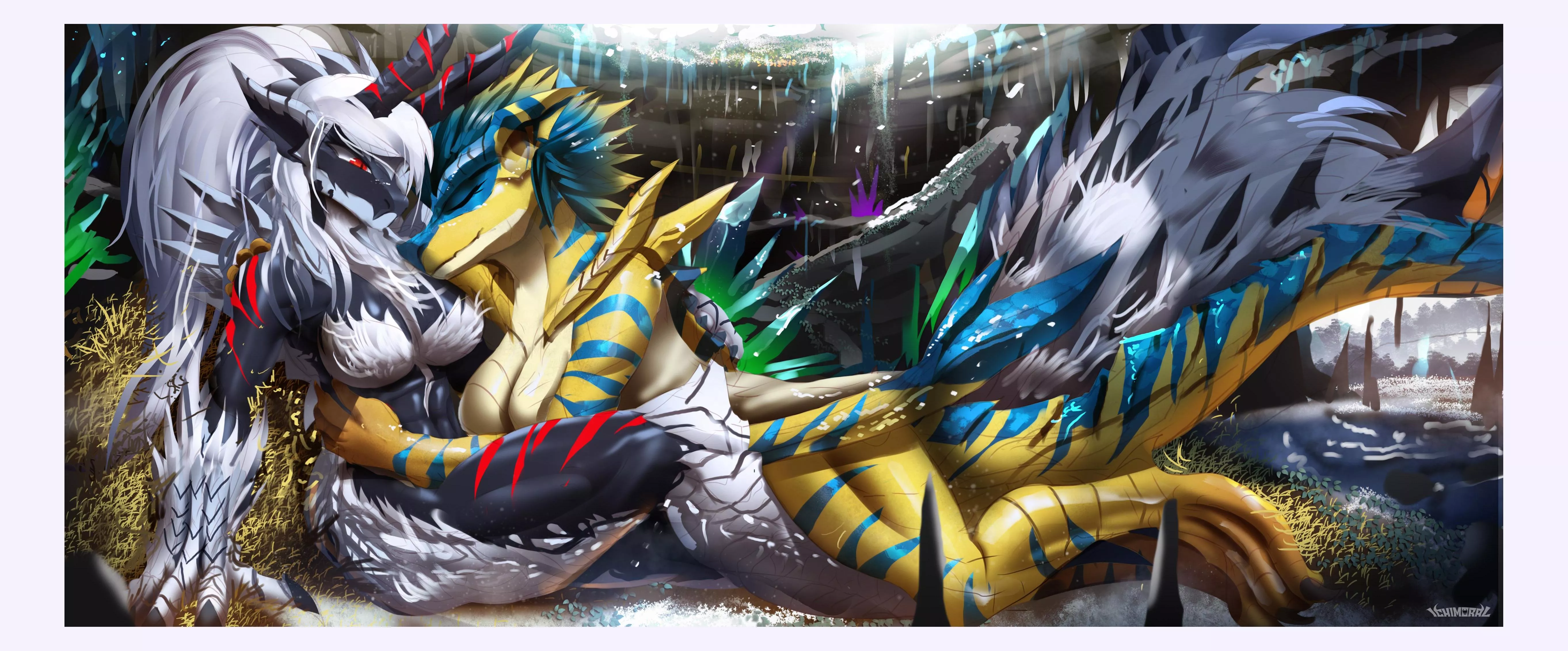 A follower wanted me to design a human female hybrid version of Zinogre and Tigrex cuddling from winter cx (Art by me @ichimoral ) posted by Ashamed-Diver4266