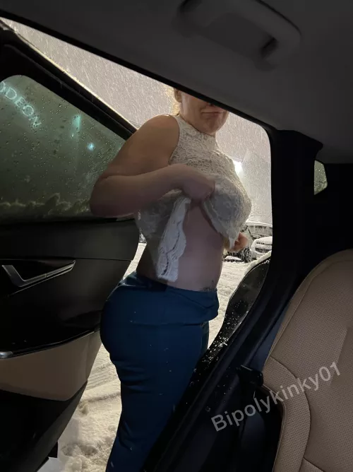 A little snowy weather isn’t gonna stop me from taking my clothes off 😂. Plus it makes great cover for car sex 😈. by bipolykinky01
