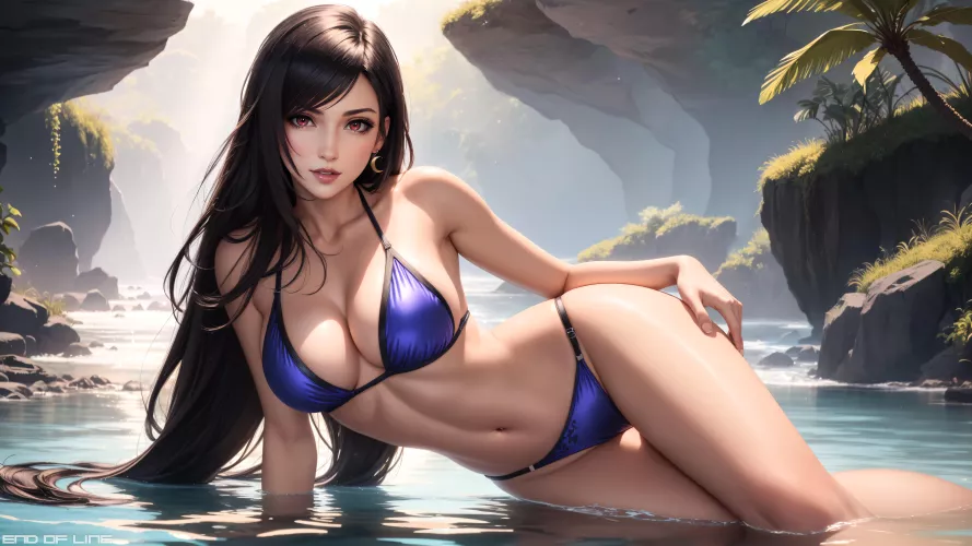 Commissioned by a redditor: Tifa in Costa del Sol in a mature dress themed bikini. 8k Wallpaper. AI with photoshop and editing by me. by EndOfLineArt