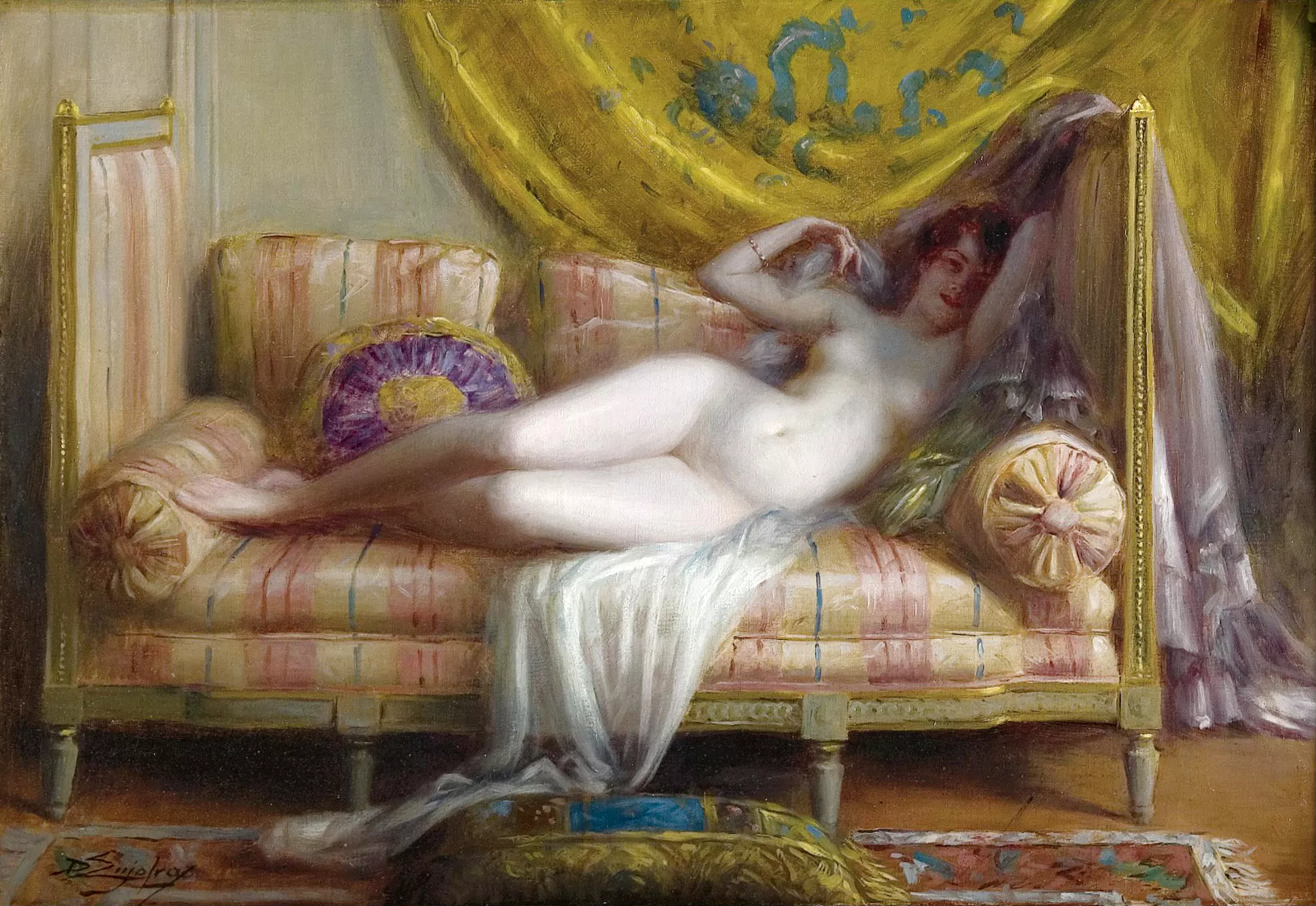 Gentlemen, I am most perplexed. Having commissioned a portrait of my fiancee, I was shocked when presented with this (admittedly fine and lovely) life-size rendering of her in a most odalisque pose. I naturally anticipated viewing her in this state only  posted by Plethorian