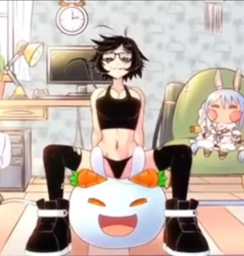 LF color source 1girl, black bra, black panties, black leggings, black shoes, bouncing, bunny pillow, bedroom posted by Determined-Fighter