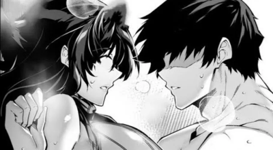 Mono 1boy 1girl bare_arms bare_shoulders black_hair boy_on_top breath clenched_hand close-up closed_eyes face faceless_male from_side hair_between_eyes hand_up large_breasts long_hair mature_female/milf muscular_male no_eyes open_mouth parted_lips short_ by HentaiSource_Archive