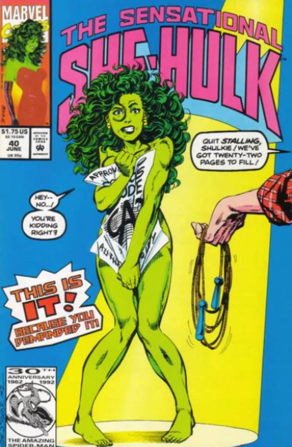 Probably the funniest Plot Cover of all time (look close at what she's covering up with) [Sensational She-Hulk #40] posted by Thayerphotos