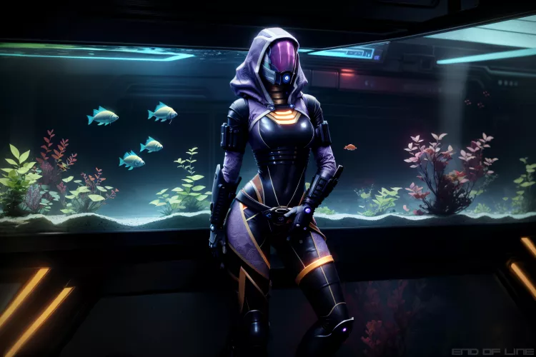Tali'Zorah lounging in Shepard's quarters. AI with photoshop, editing and 3D designed pose by me. by EndOfLineArt