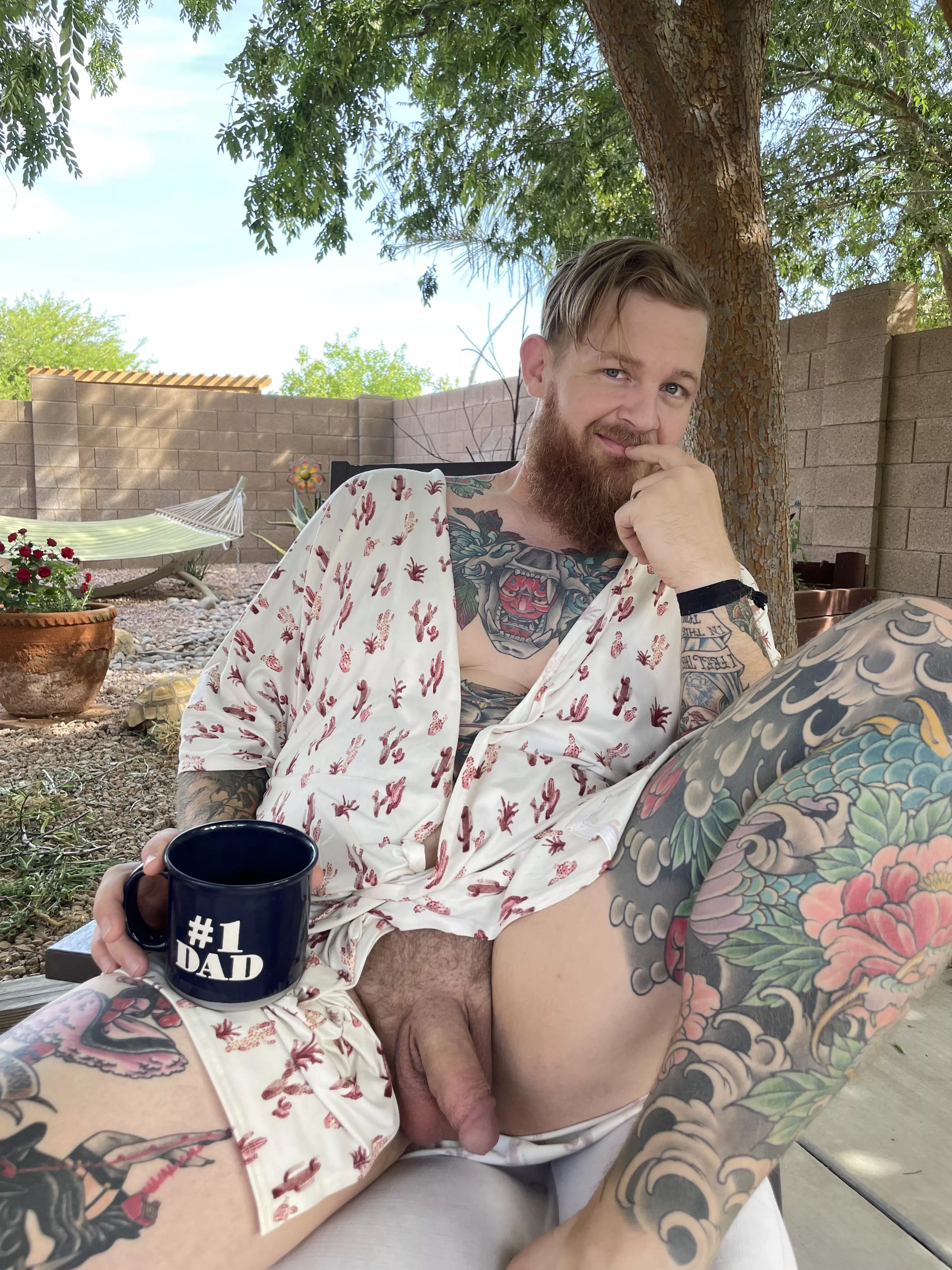 Who doesn't love showing off their beard and balls in the morning sun posted by geraldbottomsxx