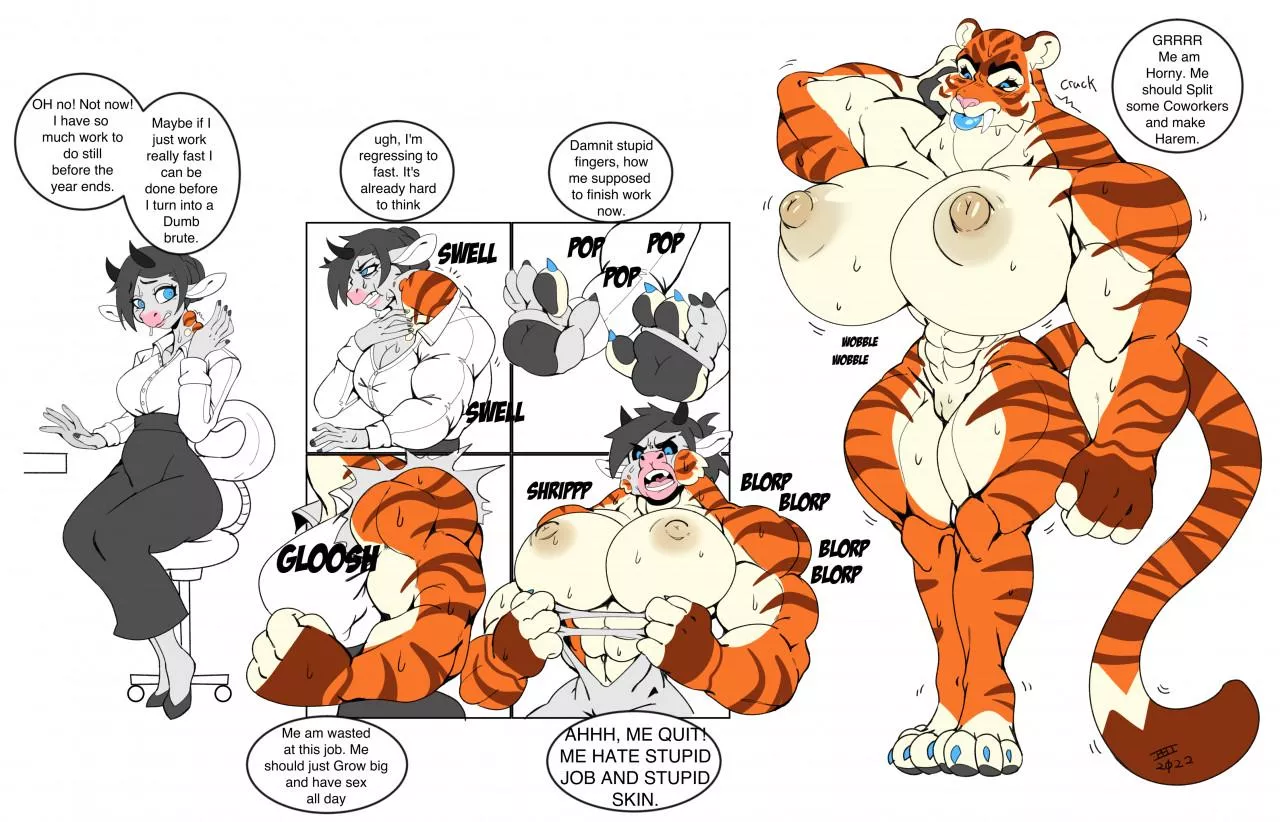 Cow Tiger Skinsplit [Petite Cow Girl -> Dommy Sabretooth Tiger Mix, Muscle, Bimbofication] by scaryface posted by umagao