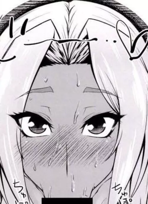 LF Mono Source: POV, white hair, 1girl, implied fellatio, fellatio, blushing, looking at viewer, tanned, dark skin, :>=, heart, black eyes, long hair, black bar censorship, sweating by Simpsons138