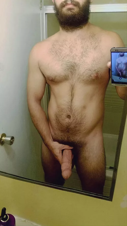 Who wants to stroke my cock while they sit on my beard? by tallhungandhairy