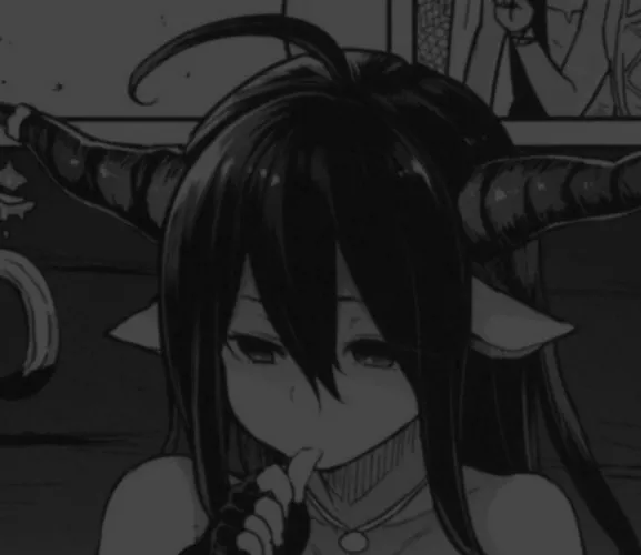 LF Mono Source: 1girl, ahoge, animal ears, bare shoulders, black hair, close-up, empty eyes, face, finger to mouth/finger to own mouth, fingerless gloves, hair between eyes, horn ornament, horns, necklace, pointy ears, portrait, sidelocks, thumb biting,  by HentaiSource_Archive