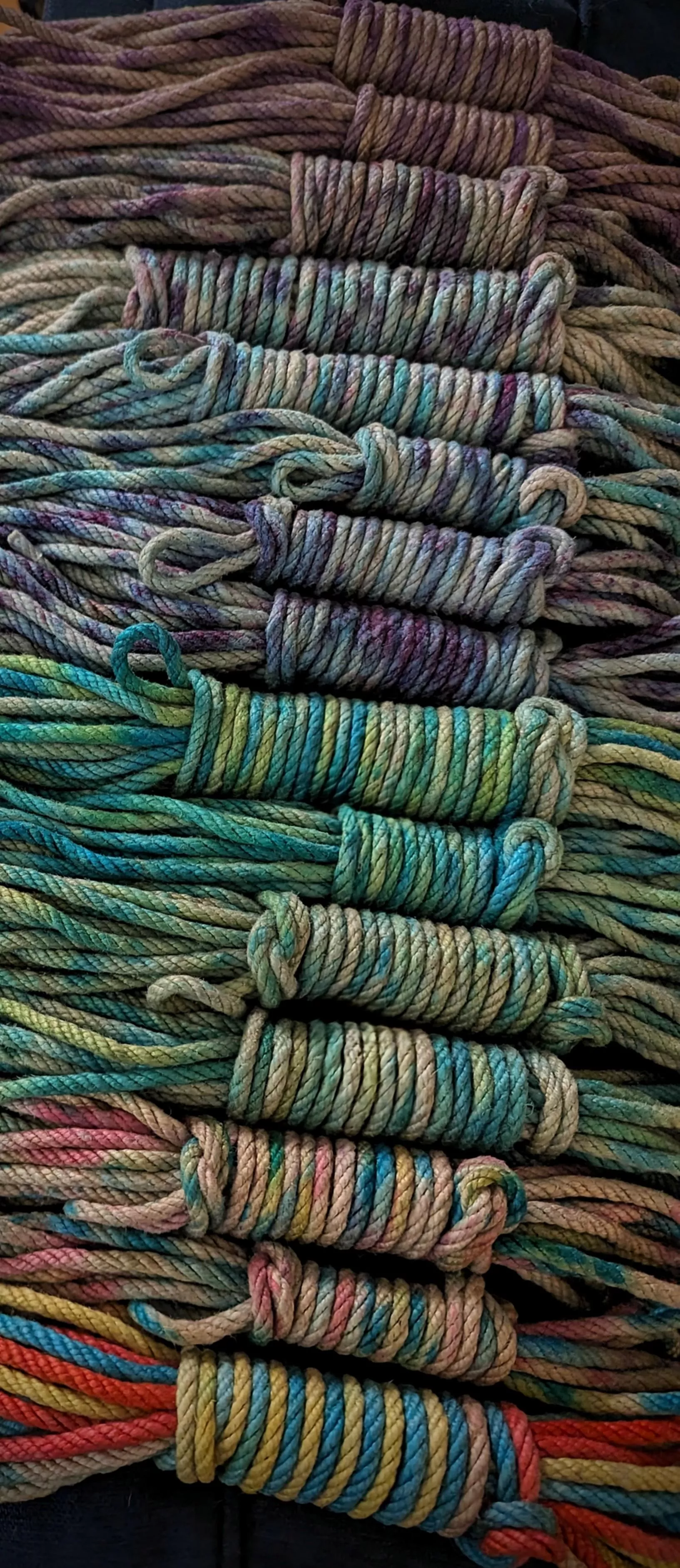 Just finished another round of tie-dye ropes! posted by Cadavercadabra