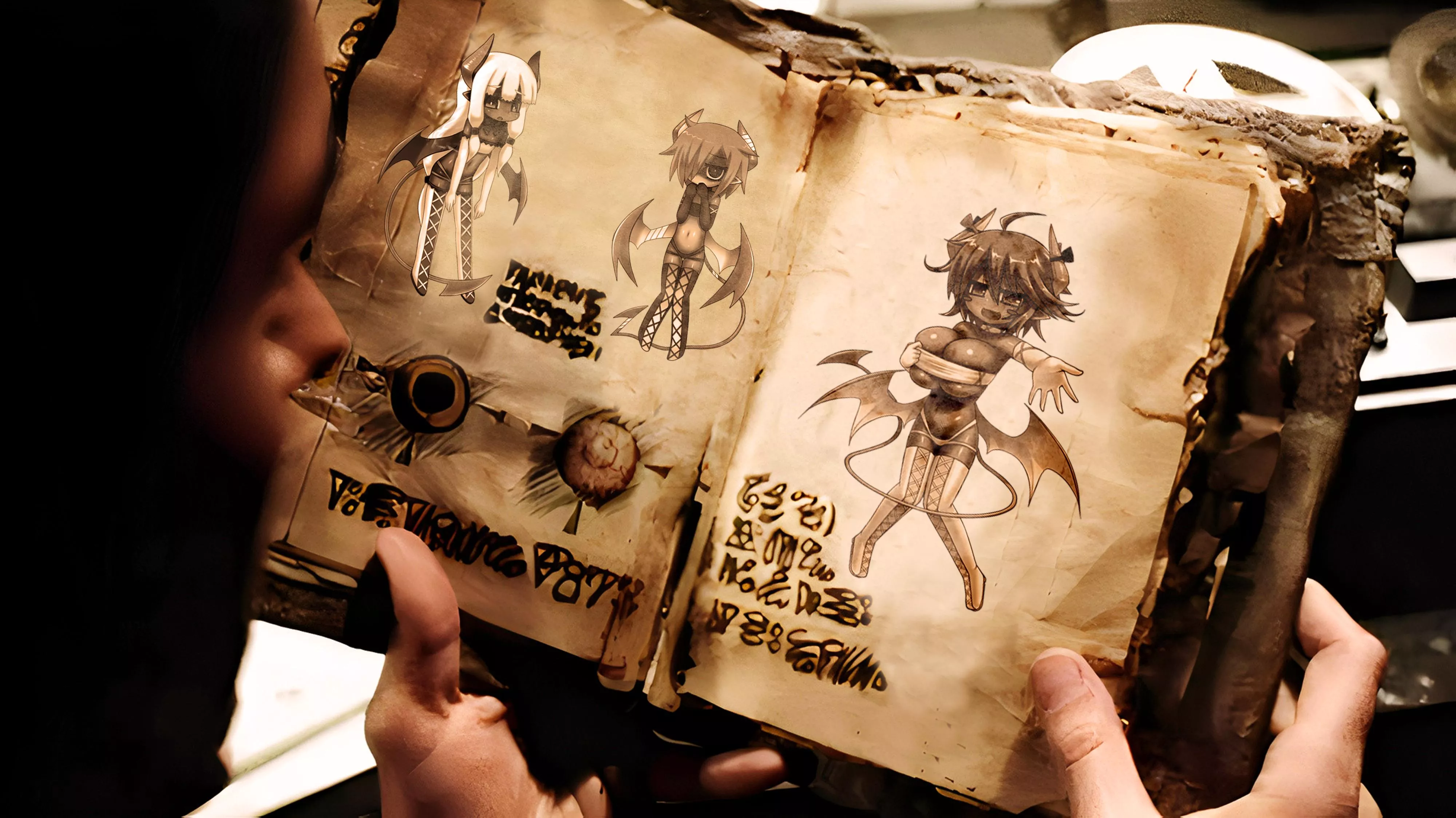 “What the-?” You find a dusty old book in your attic. Picking it up, you read the title: “Monsternomicon Ex-Lewdis”. Turning to the first page, you notice three cryptic figurines accompanied by an ominous incantation. Do you recite it? posted by CheJunSev