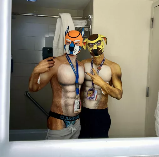 An (almost) wholesome picture of the bf and I in our new hoods 🐶 by DamienTheLion