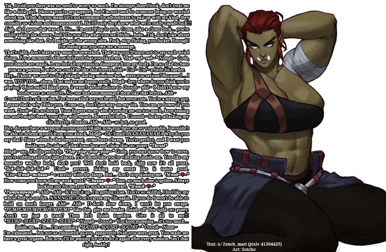 Your teammate want to get more close with you. Don't dissappoint her. [Orc girl] [Muscular girl] [Wholesome] [Creampie] [Tomboy] | Art: Sotcho by Zench_mart