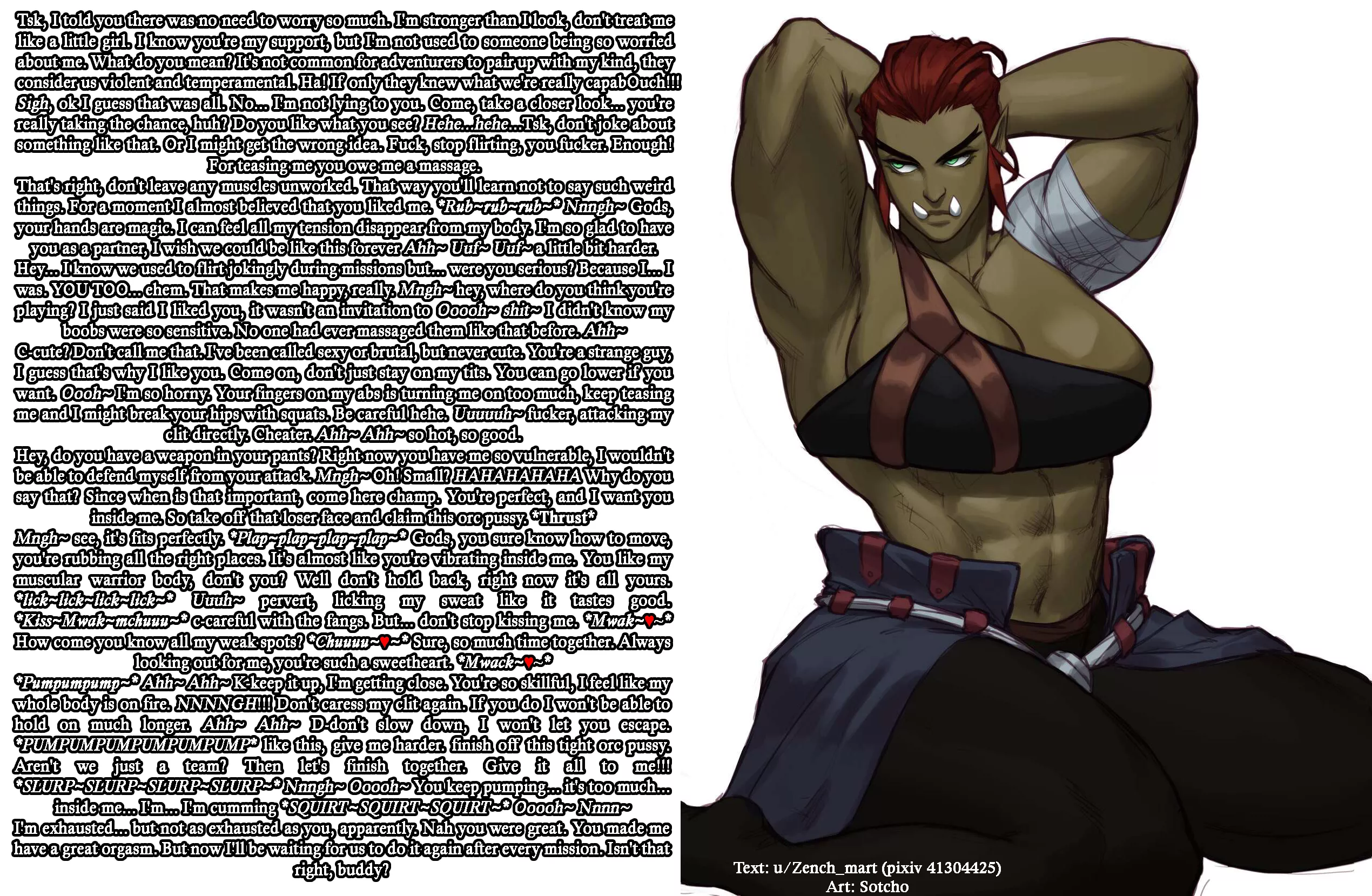 Your teammate want to get more close with you. Don't dissappoint her. [Orc girl] [Muscular girl] [Wholesome] [Creampie] [Tomboy] | Art: Sotcho posted by Zench_mart