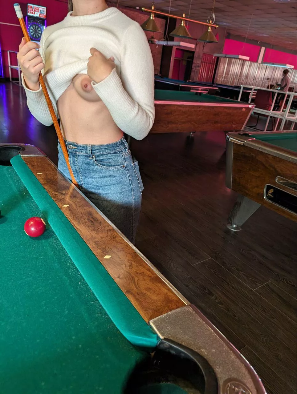 Risky pool! If you pocket a ball, I'll show you a boob! posted by sam_my_friend