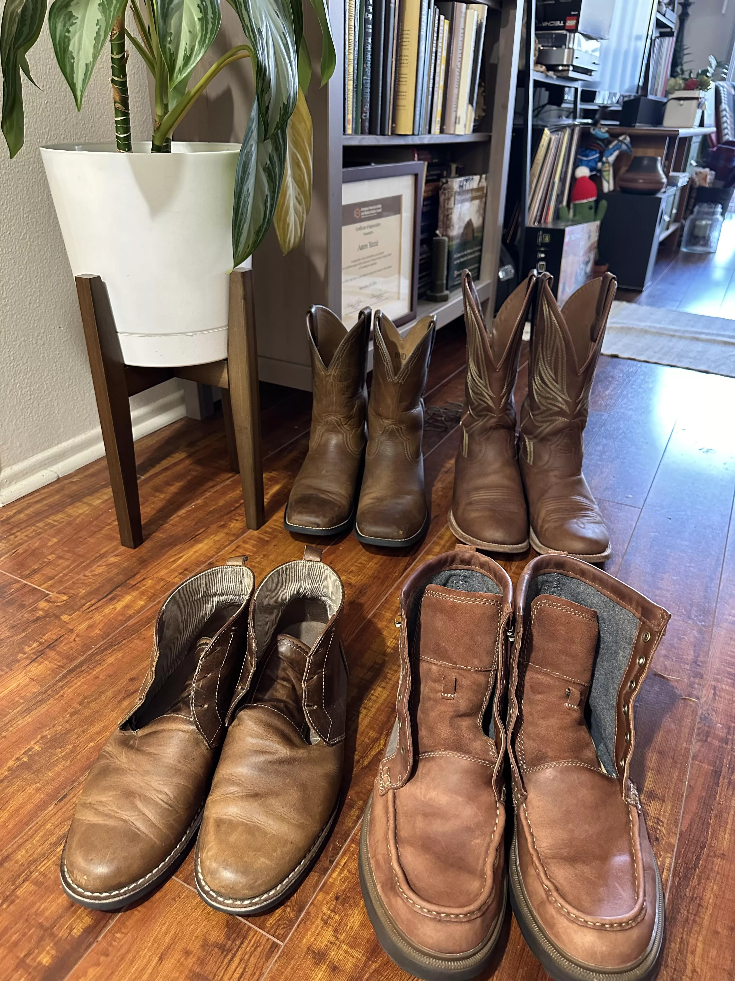 Cleaned and conditioned some leathers: Ariat North 40, Ariat Heritage Roper, Original Penguin Monty Chukka, and Clark’s Maplewalk Moc posted by Aggressive_Courage5