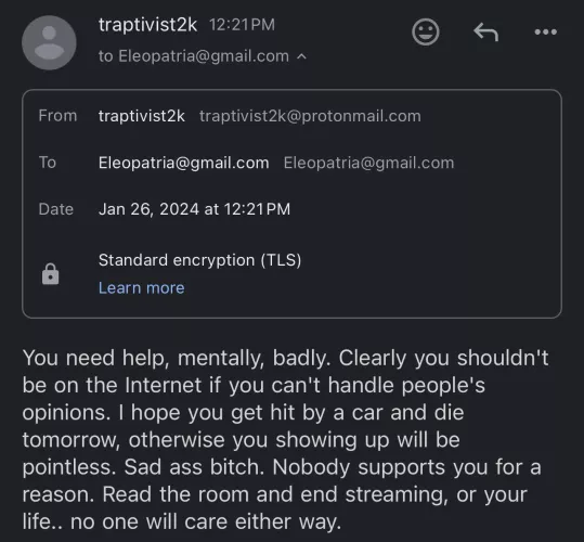 HELP! ENDLESS HATE MAIL/DEATH THREATS. HAPPENS AFTER STREAM ENDS. HIDING BEHIND VPN. WHAT TO DO? by eleopatria