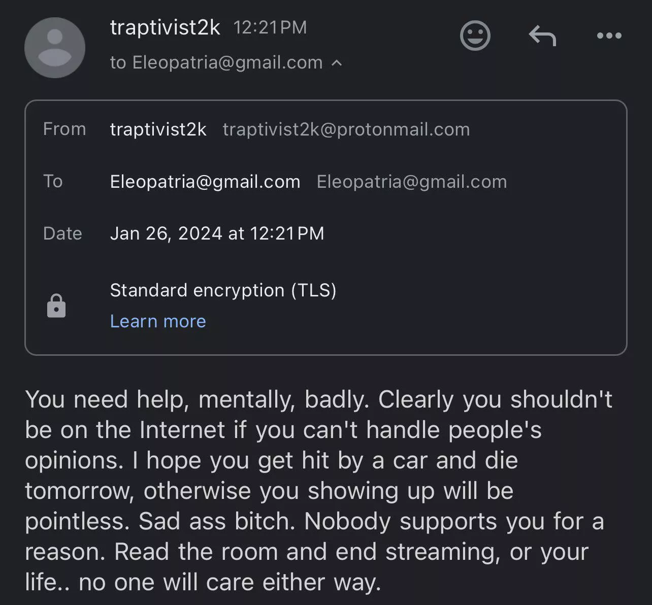 HELP! ENDLESS HATE MAIL/DEATH THREATS. HAPPENS AFTER STREAM ENDS. HIDING BEHIND VPN. WHAT TO DO? posted by eleopatria
