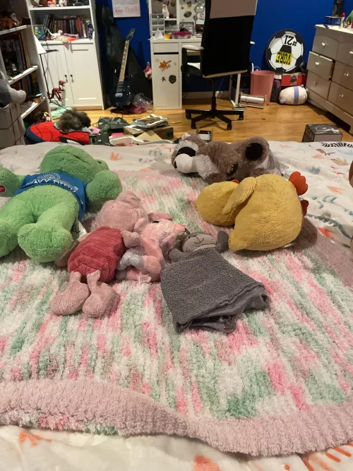 I have a love for childish stuff here are my favorite stuffies and blankie by moist_nuggets12