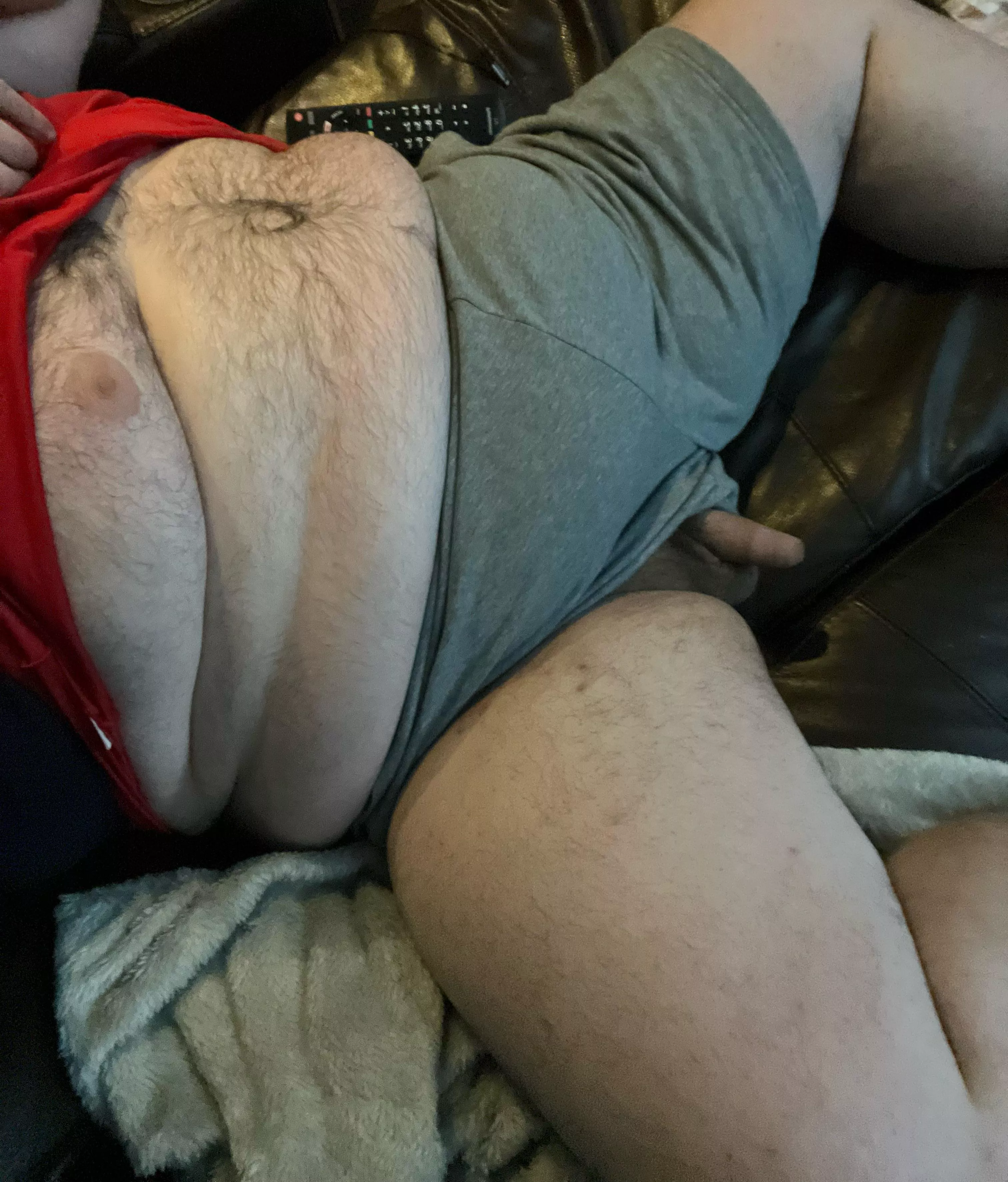 It’s a bit squished pulling my balls and cock out my shorts but it feels good posted by throwawaystr8chubby