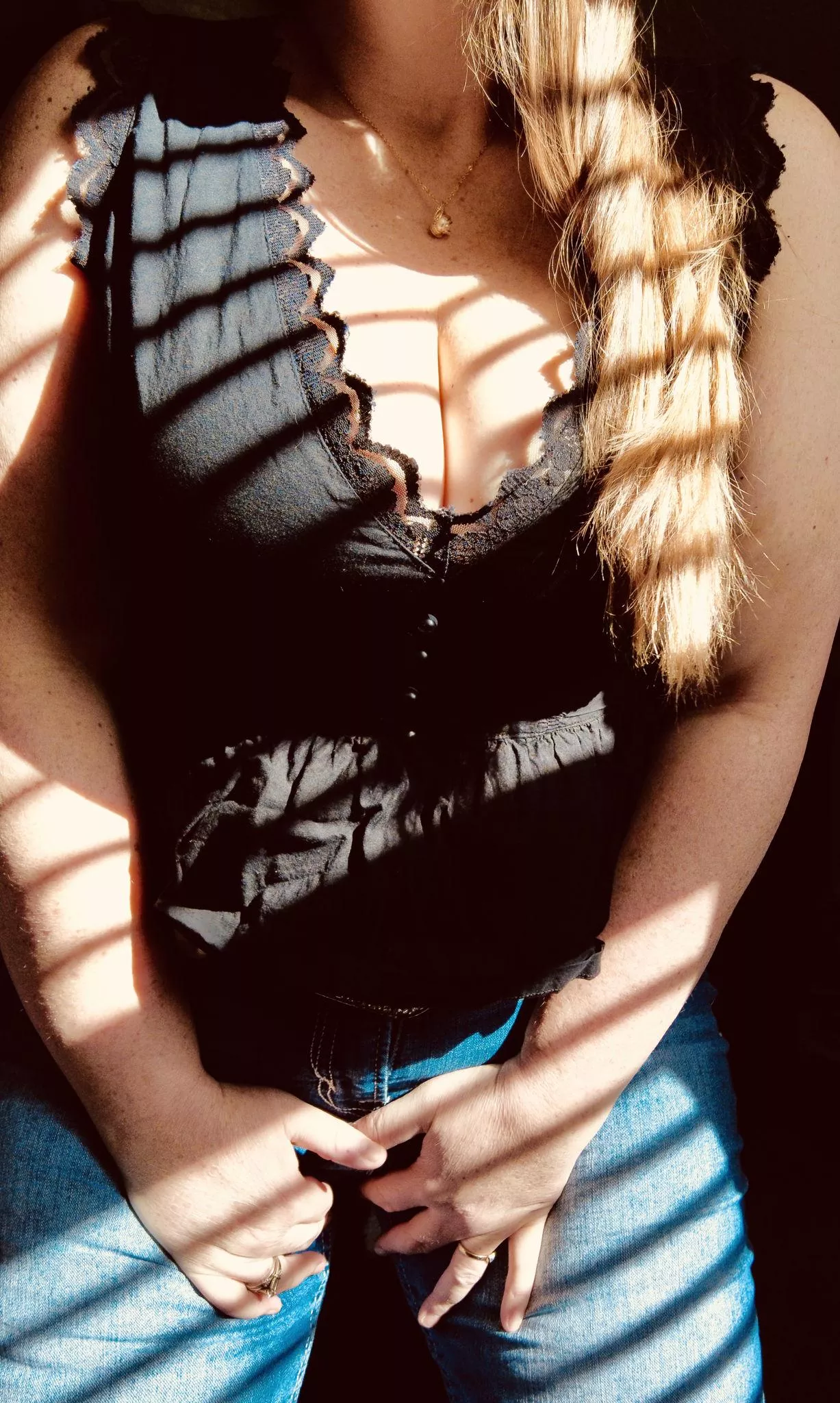 Black lace trim and no bra is the best accent on cleavage! posted by NatureSiren