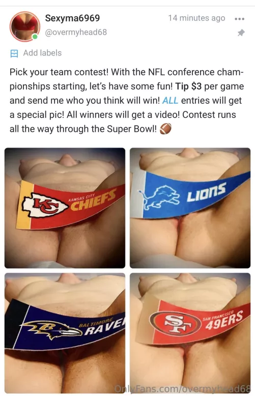 Hi! I run an X-rated NFL contest on my free page. HMU if you have questions or wanna play! What’s better than football and tiddies?? 🏈 (posted w/ mod approval) by inthisroom77