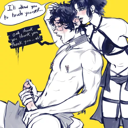 Seeing you all worked up, panting, blushy... How could I deny my sweet good boy some fun?~ (Art by strictlyarmand) by SmolDom