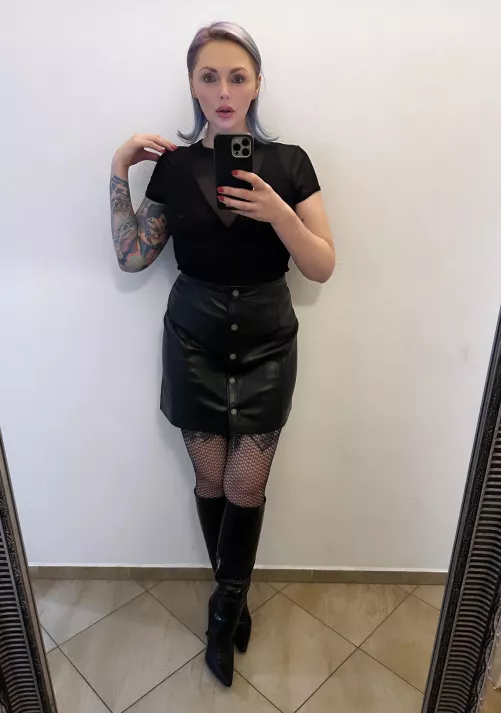 Leather skirt, see through shirt by theinkedsiren1
